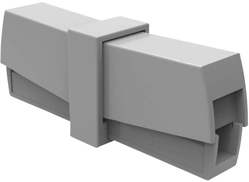 Un adaptateur de connecteur en plastique gris de forme rectangulaire, utilisé pour relier des câbles ou des connexions dans des applications techniques.