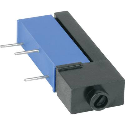 Composant électronique avec boîtier bleu, trois broches métalliques et un angle droit noir, probablement un capteur ou un interrupteur.