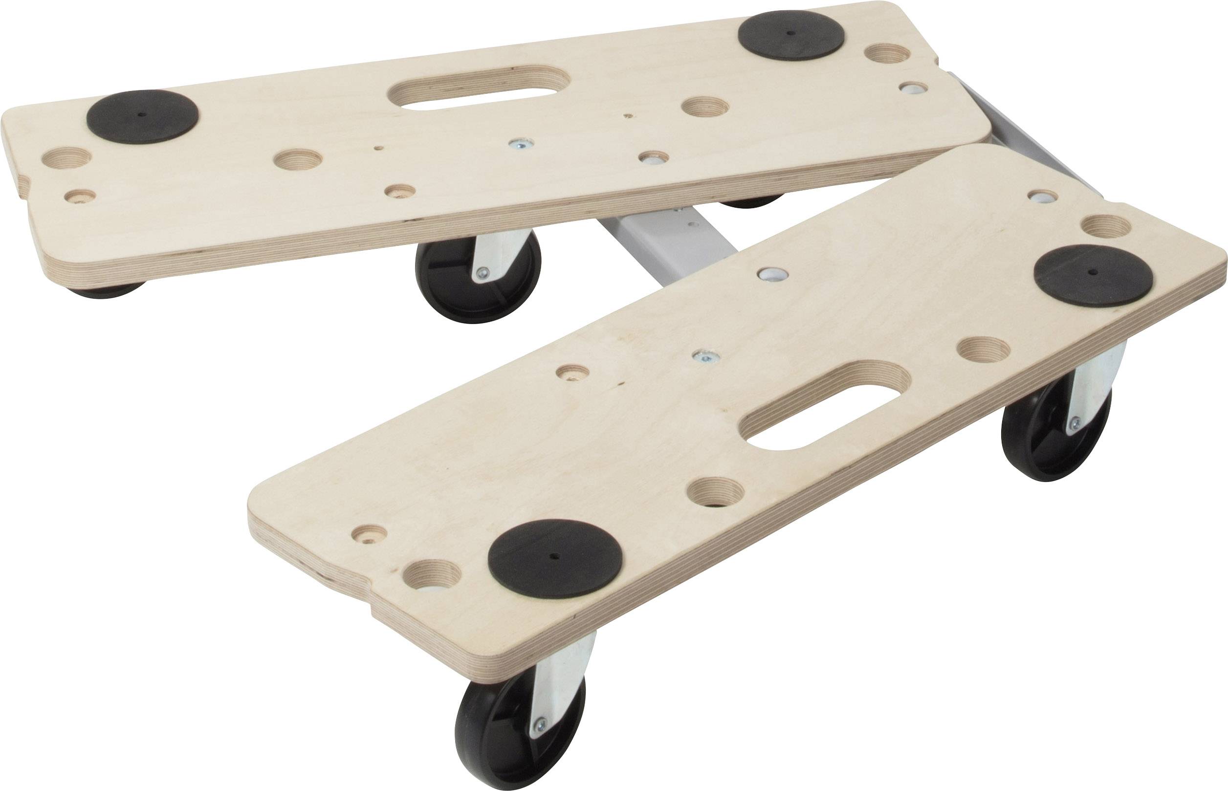 Chariot de transport à deux plateformes en bois et quatre roues noires. Chaque plateforme est équipée de poignées et de patins en caoutchouc noir.