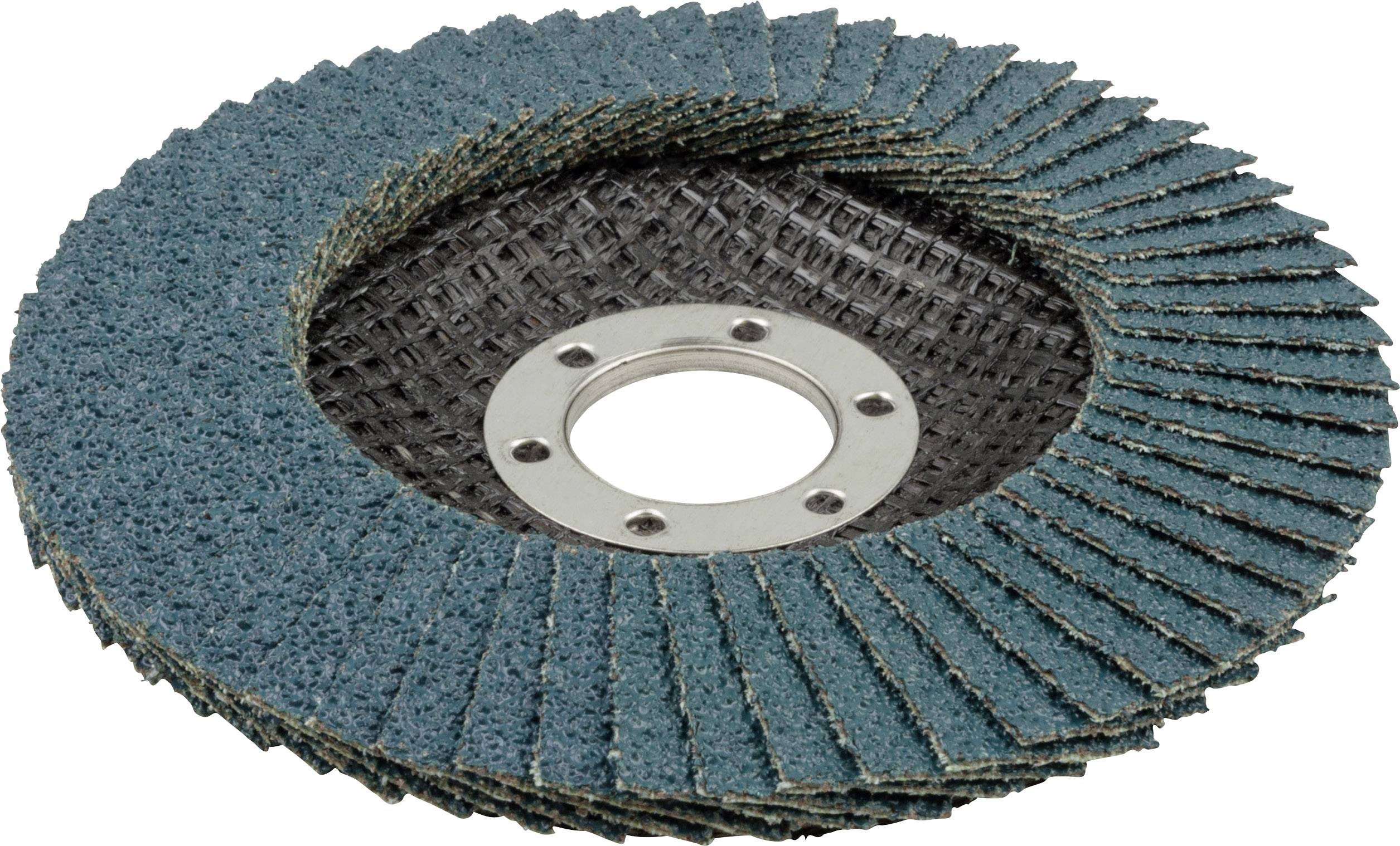 Un disque de meulage avec plusieurs lamelles abrasives vertes éventées vers l'extérieur. Anneau central en métal pour la fixation.