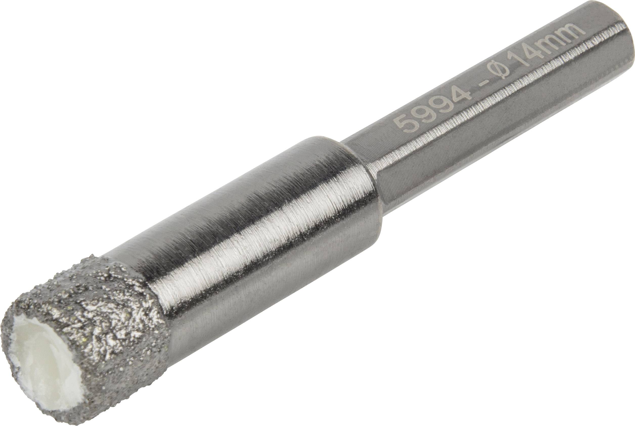 Foret avec surface métallique argentée et tête recouverte de diamant. Numéro de produit '5994 - Ø14mm' gravé sur la tige.