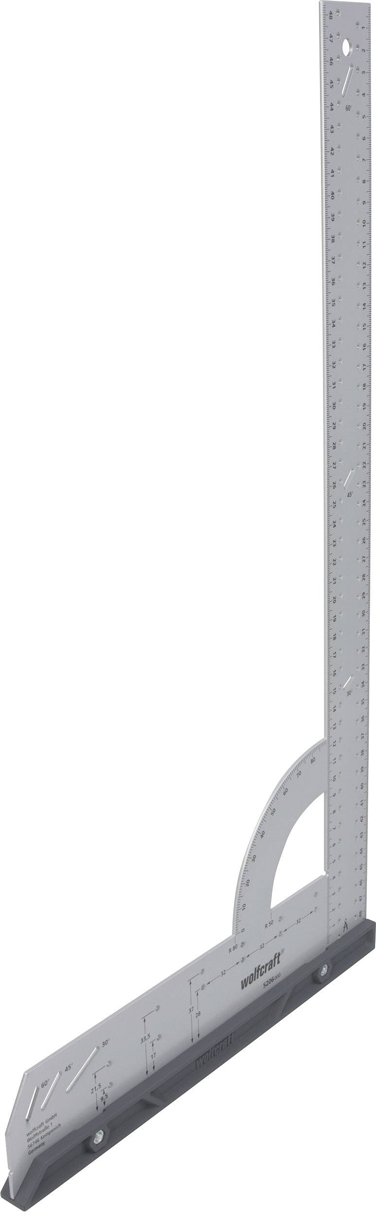 Un équerre de charpentier en argent avec un angle de 90 degrés intégré et une échelle de mesure.