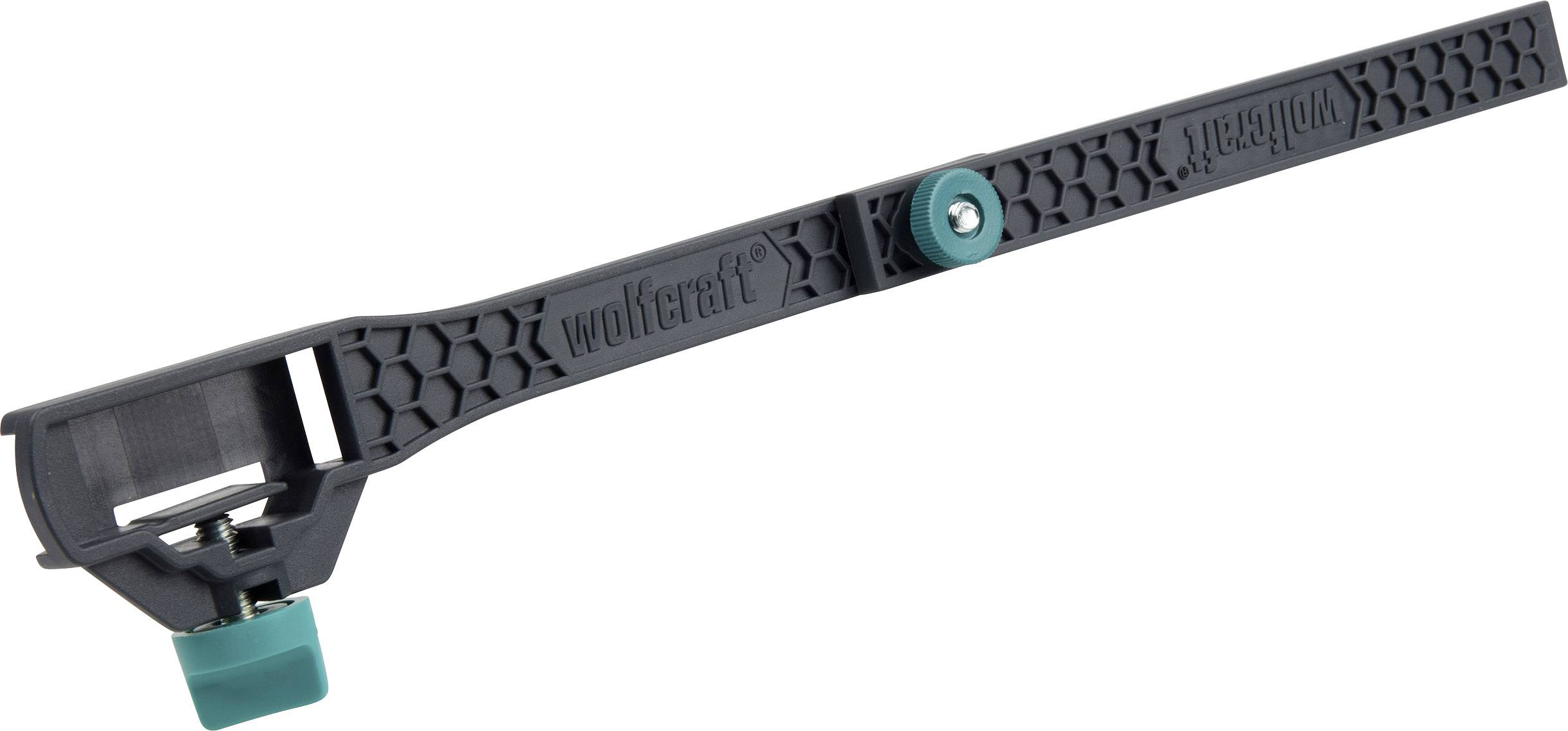 Rail de guidage Wolfcraft noir et turquoise, idéal pour la coupe précise de matériaux.