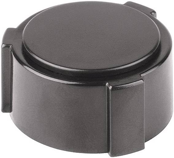 Couvercle noir en plastique rond avec languettes latérales. Adapté pour fermer des tubes ou des récipients.