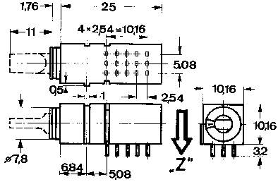Dessin technique d'une prise électrique avec dimensions et disposition des broches. Comprend des indications de mesures et la désignation fléchée 'Z'.