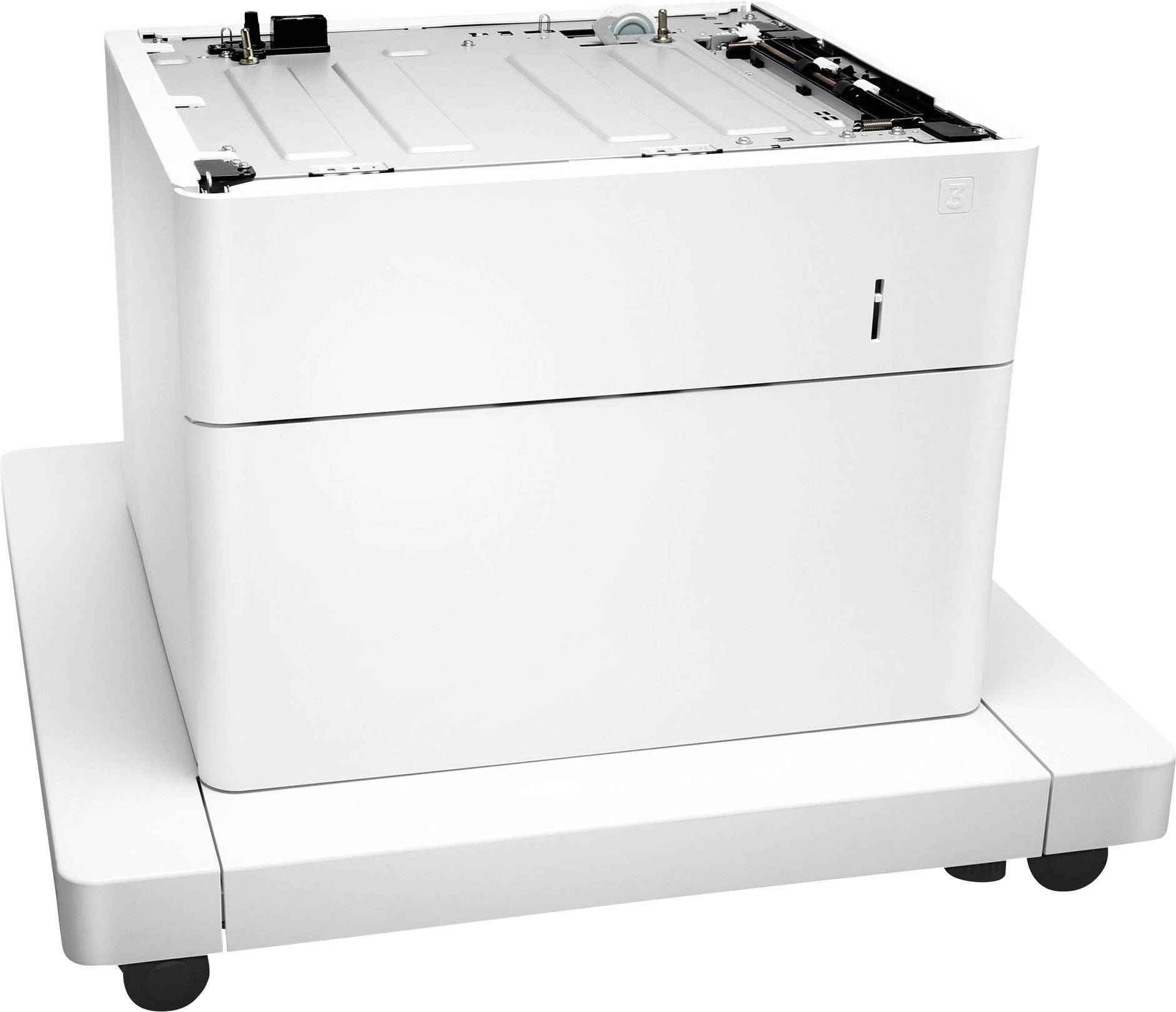 Un imprimante de bureau blanche vue de dessus, ouverte pour maintenance ou réapprovisionnement en papier, posée sur un socle mobile plat.