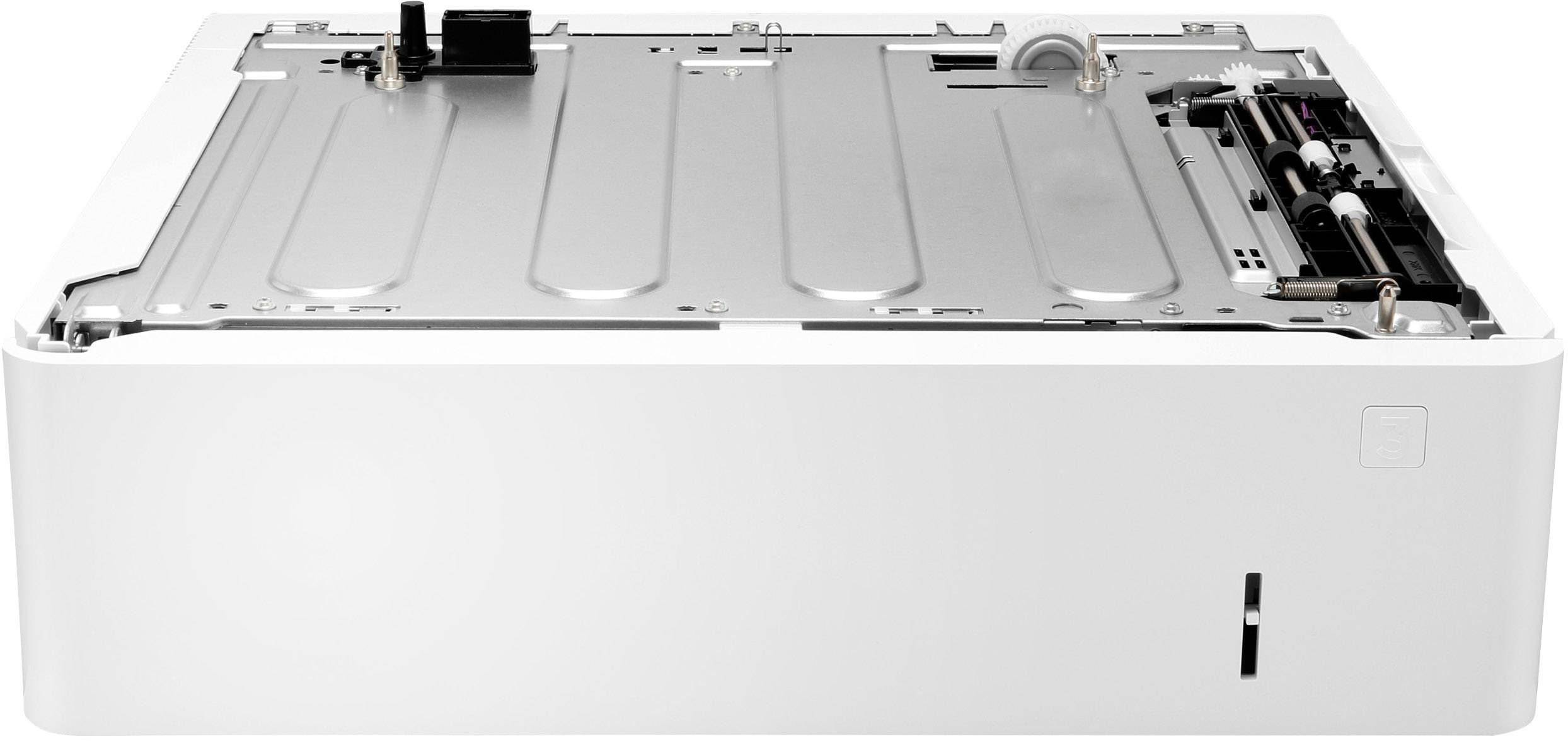 Imprimante laser blanche avec boîtier ouvert, montrant des composants internes tels que la cartouche de toner et l'alimentation papier.