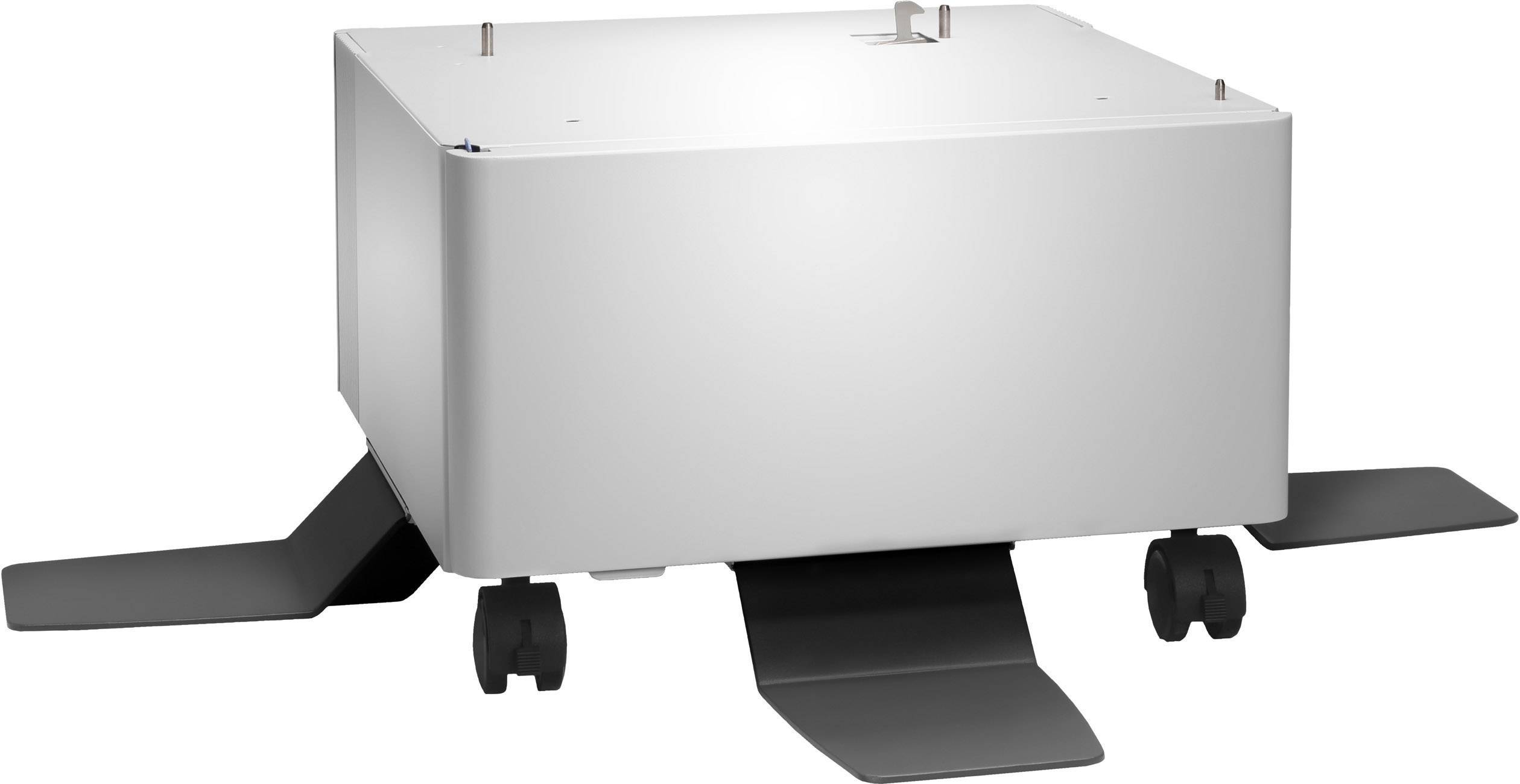 Un imprimante ou traceur mobile blanc, rectangulaire, sur des roues et pieds de support noirs.