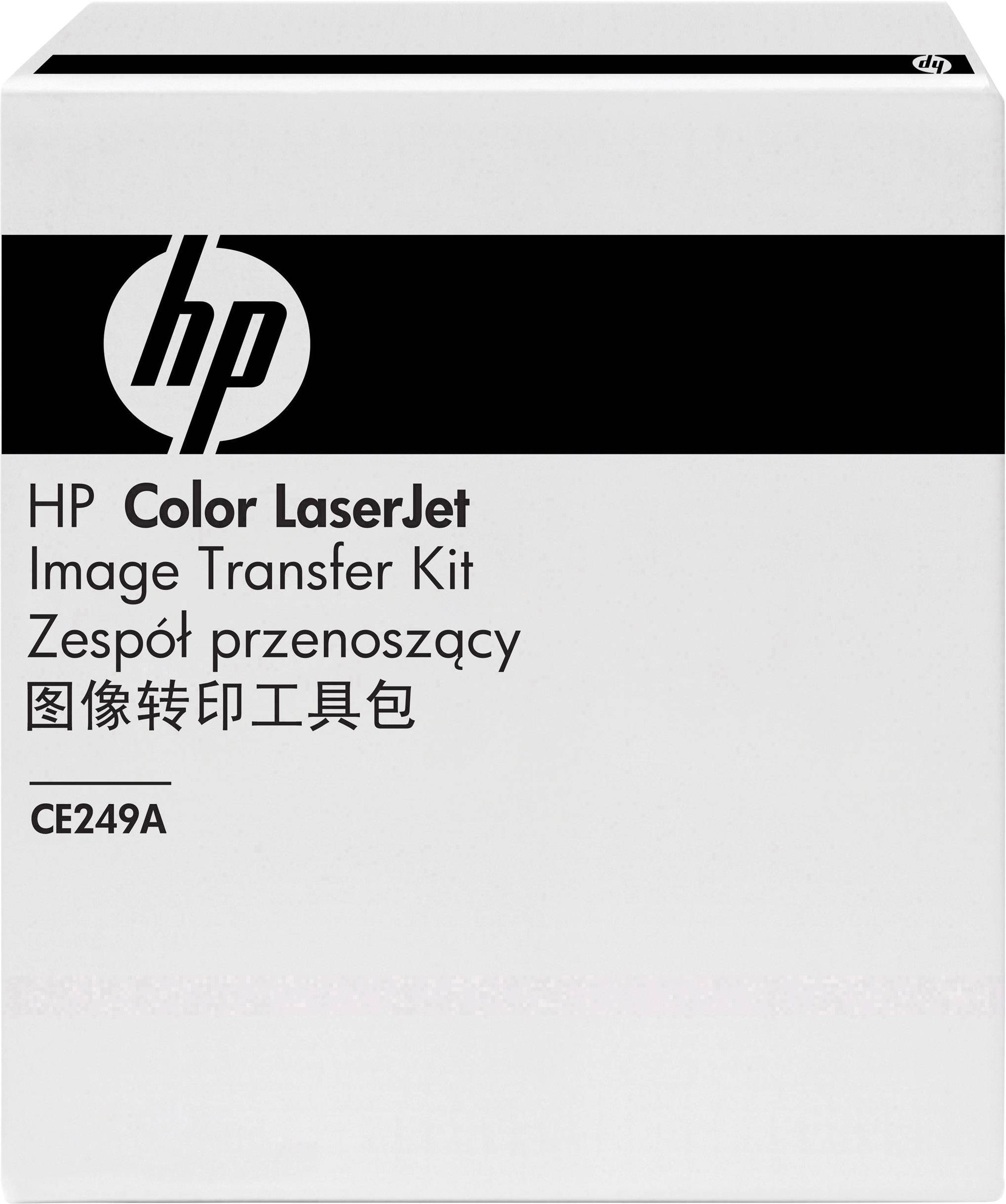 Kit de transfert d'image HP 'Color LaserJet' Emballage avec numéro de modèle CE249A. Texte sur l'emballage en plusieurs langues.