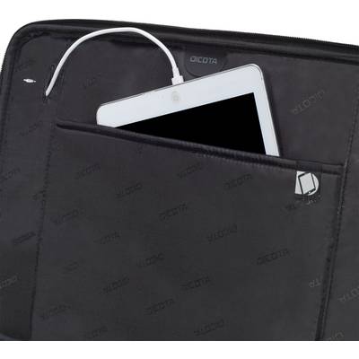 Un sac noir avec un compartiment ouvert montrant une tablette connectée à un câble de chargement. La marque DICOTA est visible.