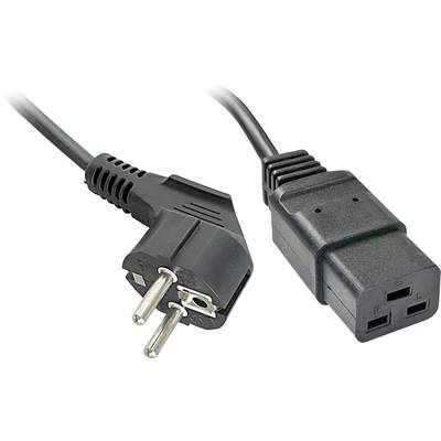 Un câble réseau noir avec une fiche Euro à gauche et une fiche IEC à droite, pour connecter des appareils électroniques.