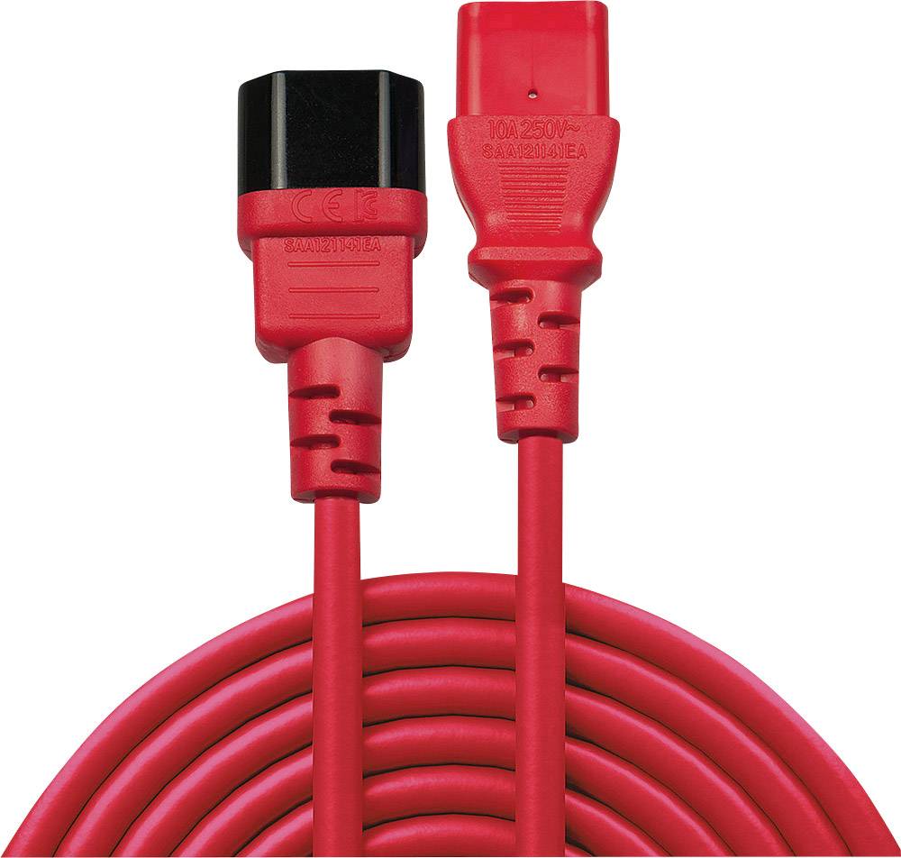 'Rallonge électrique rouge avec deux connexions, une prise noire et une fiche rouge, sur fond blanc.'