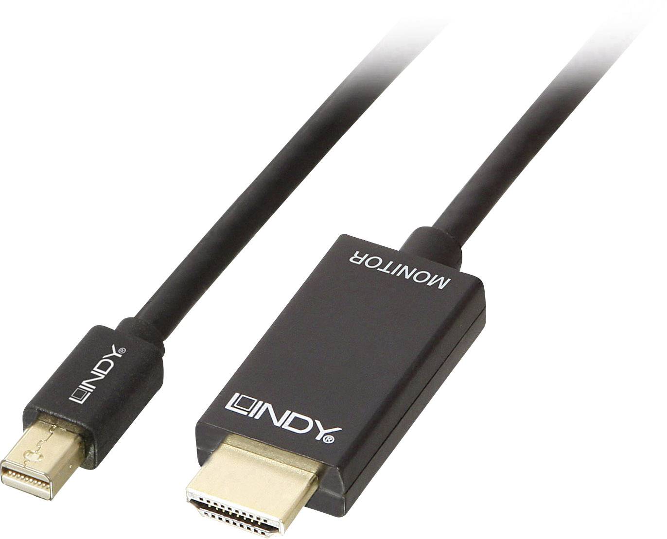Un câble noir avec un connecteur Mini DisplayPort à une extrémité et un connecteur HDMI à l'autre, étiqueté 'Moniteur'.