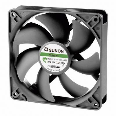 Ventilateur 'Sunon MagLev' avec cinq pales noir et gris et un cadre carré. L'étiquette indique le numéro de modèle et les spécifications électriques.