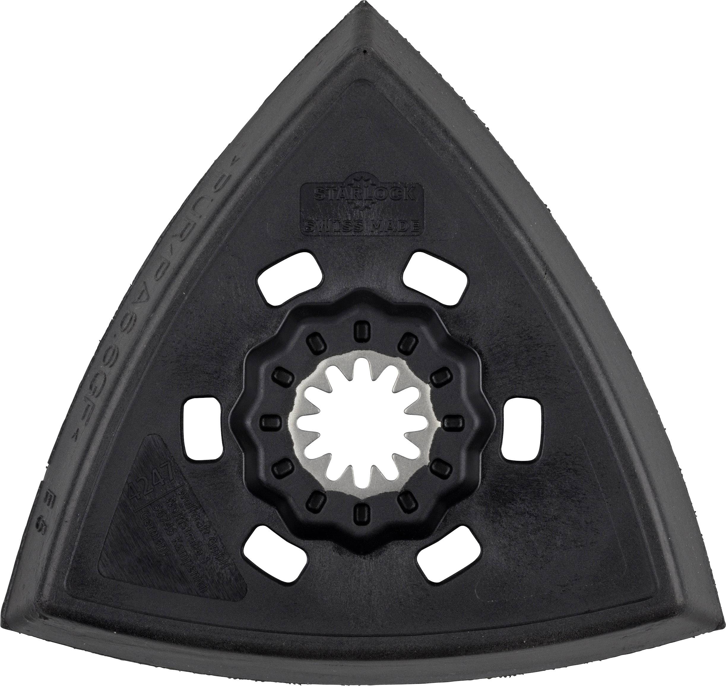 Plateau de ponçage triangulaire avec bords noirs et dispositif de fixation central, adapté aux outils multifonctions.