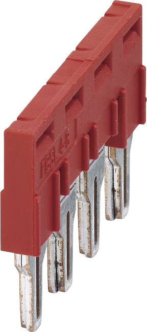Pont en plastique rouge avec cinq broches métalliques, probablement un connecteur électrique ou un jumper pour circuits électroniques.