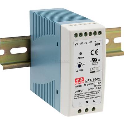 Un bloc d'alimentation à découpage bleu et blanc de Mean Well monté sur un rail DIN. Il offre une sortie de 24V avec 2,5A. Certifications CE et UL.