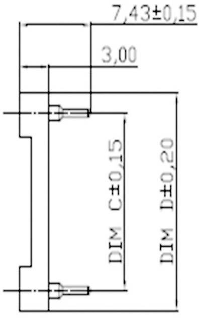 Dessin technique d'un composant avec plusieurs dimensions : en haut 7,43±0,15, au centre 3,00 et à droite 'DIM C±0,15' et 'DIM D±0,20'.