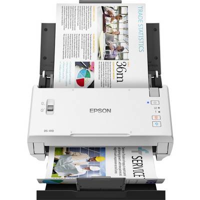 Un scanner de documents numérise deux pages de papier : en haut, une page contenant des données statistiques et des photos, en bas, une page avec des graphiques et un texte sur le 'Service informatique'.