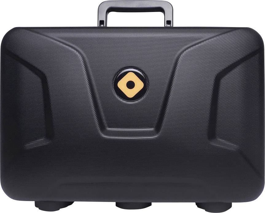 Une valise rigide noire avec une structure, portant un symbole losange jaune au centre.