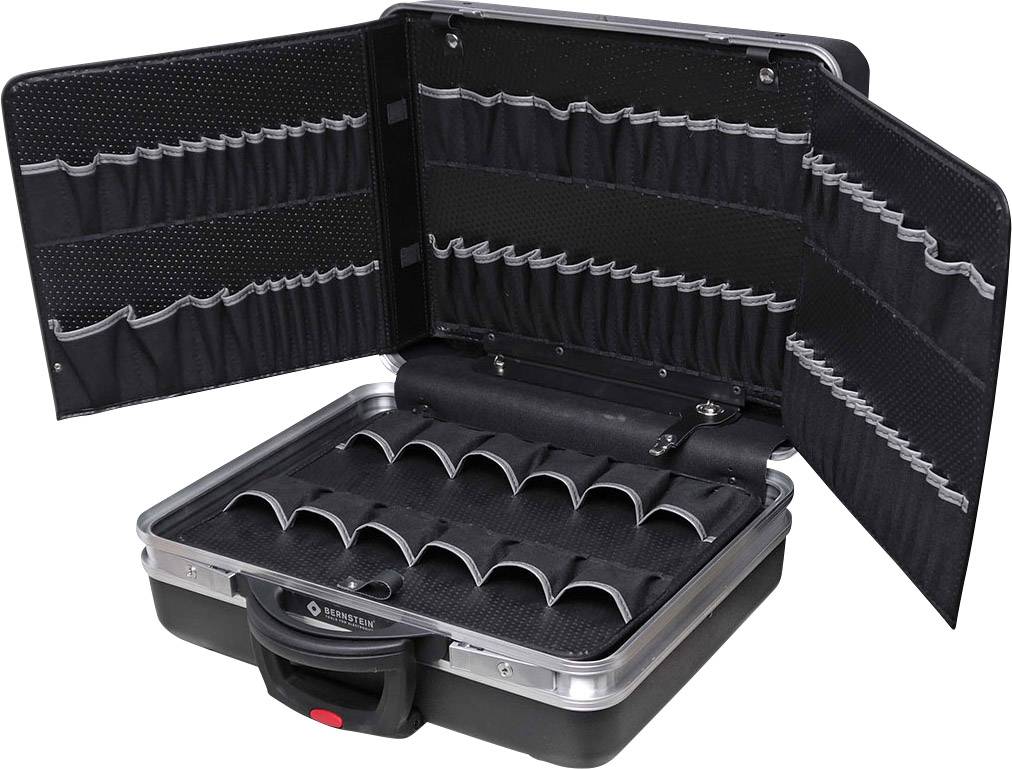 Coffret à outils noir ouvert avec plusieurs compartiments et poches pour organiser différents outils.