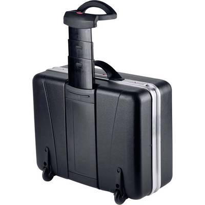Trolley noir rigide avec poignée télescopique et deux roues, idéal pour les voyageurs ou les professionnels en déplacement.