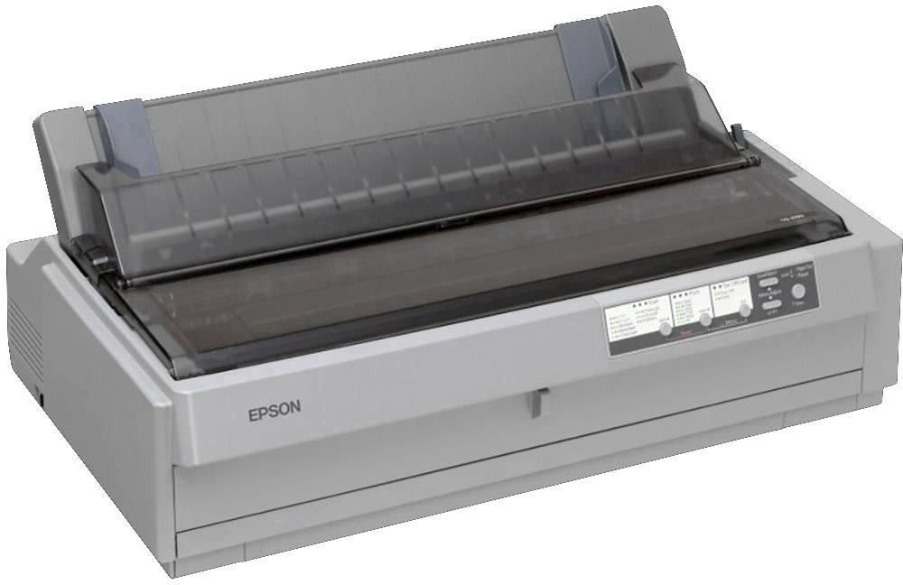 Une imprimante à aiguilles gris-noir d'Epson avec le bac à papier ouvert. Des autocollants avec des instructions d'impression sont apposés sur l'avant de l'appareil.