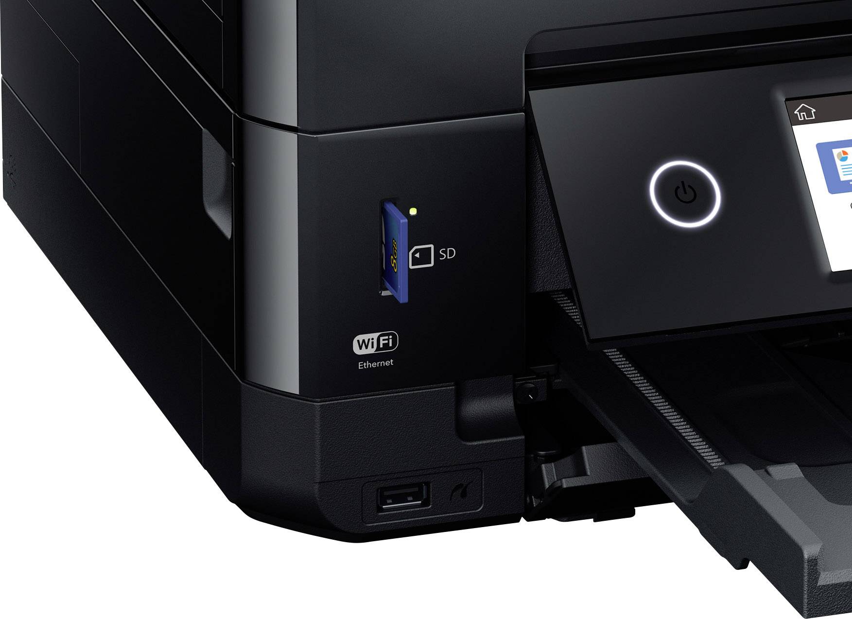 Un imprimante multifonction avec un emplacement pour carte SD, des symboles Wi-Fi et Ethernet, ainsi qu'un interrupteur d'alimentation rétroéclairé à côté du bac de sortie papier.