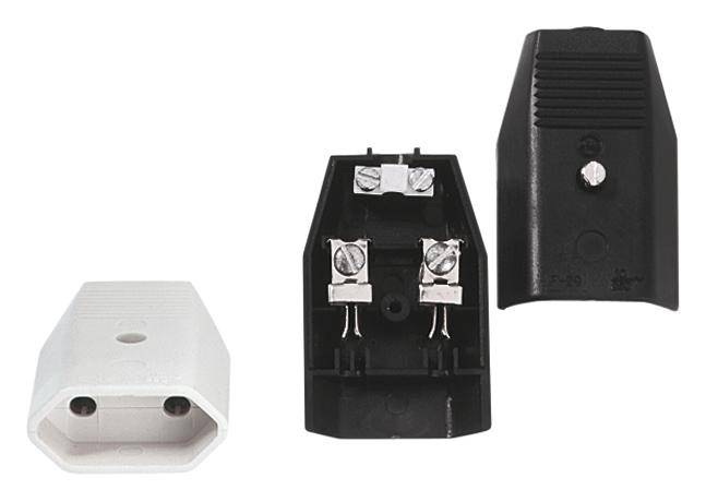 Connecteur électrique tripolaire présenté dans un état démontable. Montre un boîtier noir et un boîtier blanc ainsi que des bornes à vis.