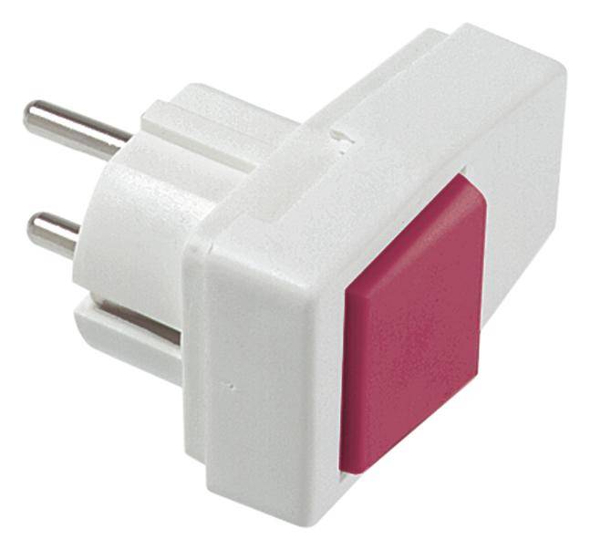 Un adaptateur de prise blanc avec un grand interrupteur rouge utilisé pour mettre en marche et éteindre des appareils.