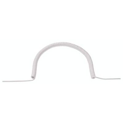 Un câble téléphonique blanc, spiralé en forme de U, sur un fond blanc.
