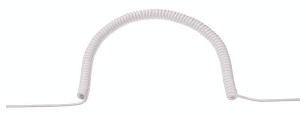 Câble spiralé blanc dans une forme ovale irrégulière, typique des combinés téléphoniques ou des appareils électroniques.