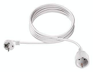Rallonge électrique blanche avec une fiche et une prise, adaptée pour brancher des appareils électroménagers.