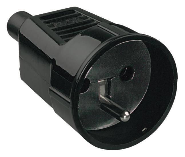 Adaptateur Schuko noir pour appareils électriques, avec deux contacts métalliques et conducteur de terre, adapté pour l'Europe.