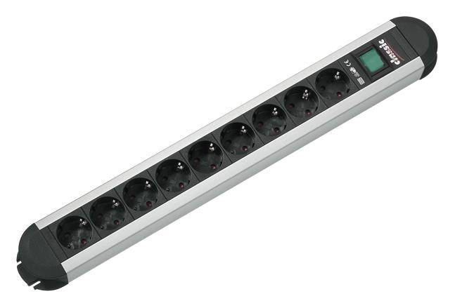 Une barrette multiprises argentée avec dix emplacements noirs et un interrupteur vert sur le côté droit.