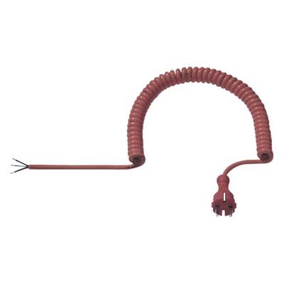 Un câble téléphonique rouge enroulé en spirale, avec une extrémité dénudée et une prise, posé sur une surface blanche.