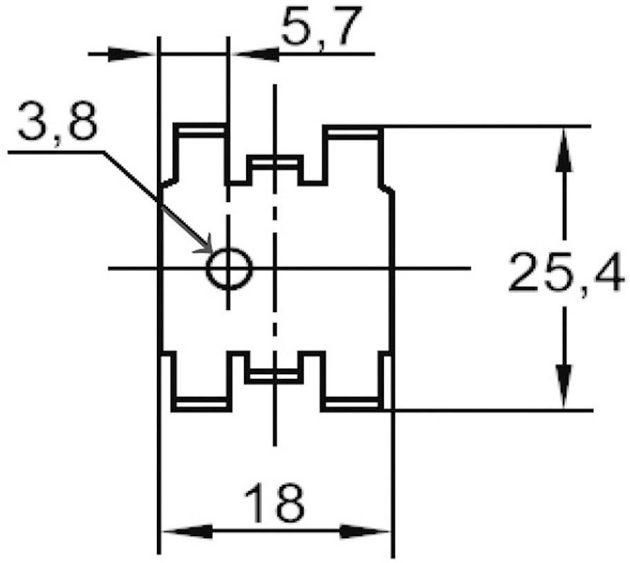 Dessin technique d'un profilé métallique avec dimensions : largeur 18 mm, hauteur 25,4 mm, diamètre de trou 3,8 mm, distance 5,7 mm.
