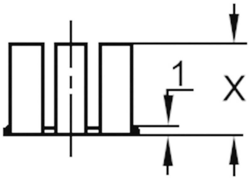 Dessin technique montrant un composant rectangulaire avec une longueur indiquée '1' et une hauteur 'X', reliés par des lignes et des flèches.