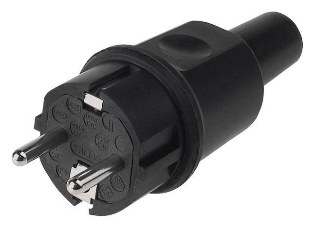 Fiche électrique euro noire à deux broches rondes, couramment utilisée dans les appareils électroménagers.