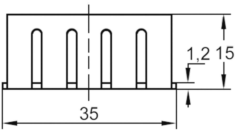 Dessin technique d'un objet rectangulaire avec quatre cavités. Dimensions : largeur 35, hauteur 15, distance entre les cavités 1,2.