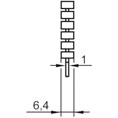 Diagramme d'un connecteur à fiche avec six contacts rectangulaires empilés, espacement entre les contacts : 1 mm, longueur totale : 6,4 mm.