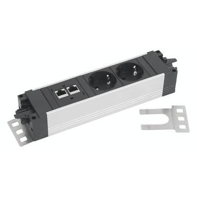 Multiprise avec deux prises électriques, deux ports Ethernet et un clip de fixation amovible à droite à côté.