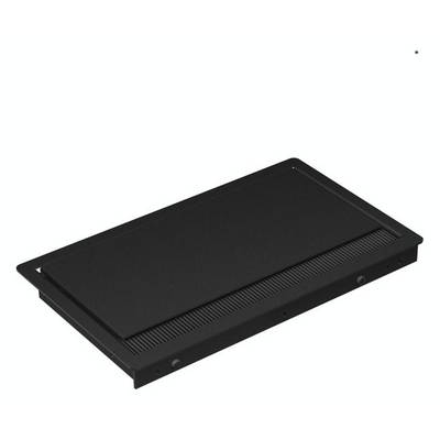 Un objet rectangulaire noir en métal ou en plastique avec des bords cannelés, probablement une grille de ventilation ou un couvercle.