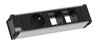 Bloc multiprises 'Bachmann' avec une prise Schuko et deux emplacements de modules vides pour une personnalisation individuelle.
