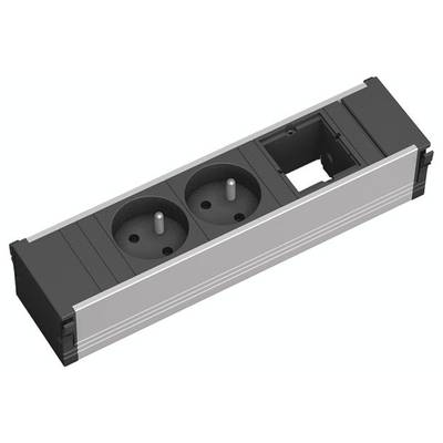Multiprise noire avec deux prises rondes de type Schuko et un emplacement rectangulaire vide, intégrée dans un boîtier rectangulaire.