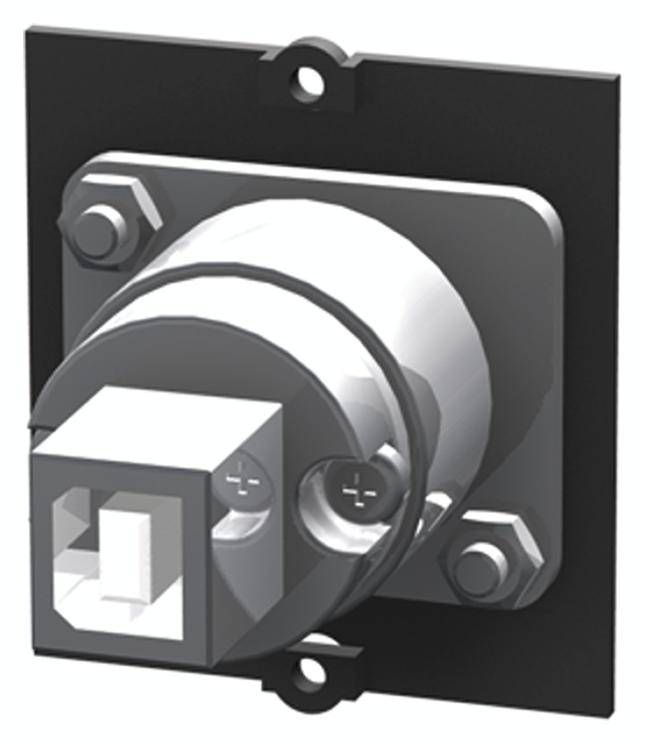 Un connecteur rectangulaire à trois vis de fixation. Le raccordement est cylindrique et fabriqué en métal.
