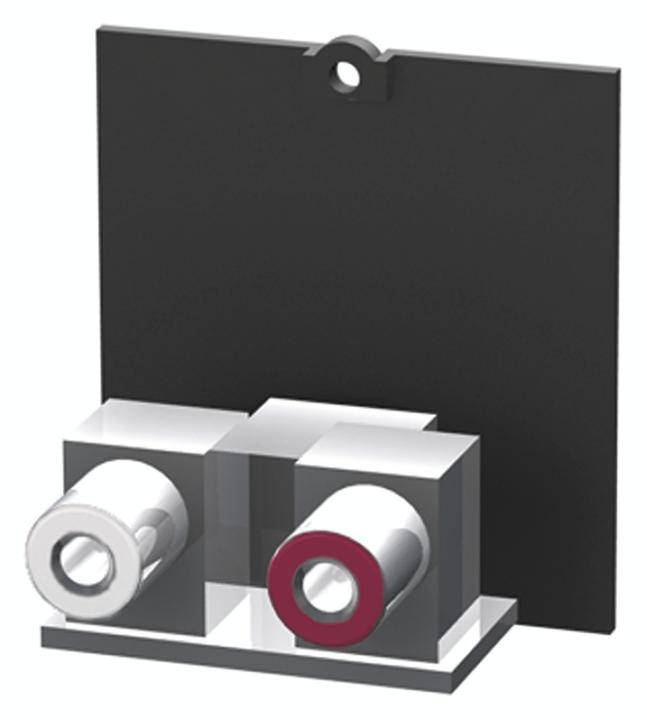 'Illustration d'un composant avec deux connexions, l'une blanche et l'autre rouge, montées dans des supports rectangulaires sur une plaque noire.'