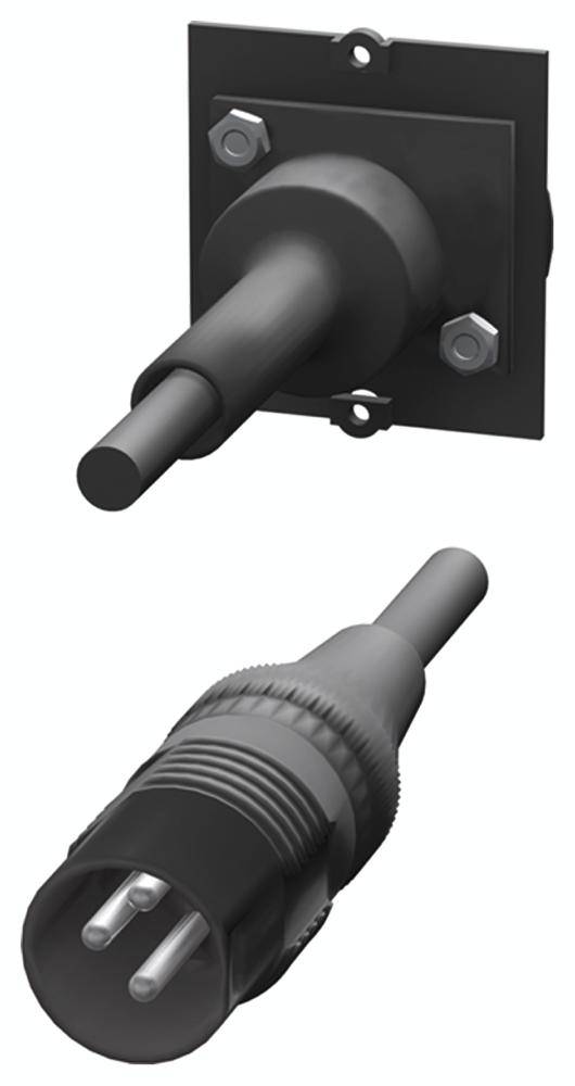 Illustration d'un connecteur industriel. En haut la prise femelle, en bas la fiche mâle. Les deux sont conçus pour un usage robuste.