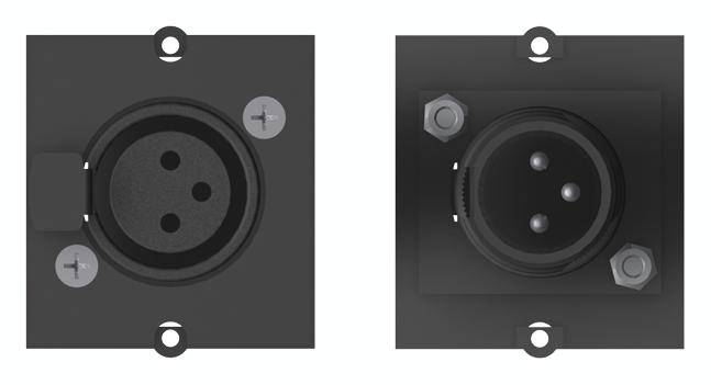 Deux prises XLR noires côte à côte, une femelle à gauche et une mâle à droite. Les deux sont montées sur des plaques rectangulaires.