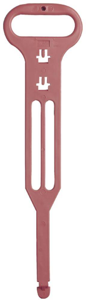 Un ancrage en plastique rouge à large tête et à tige étroite et longue, utilisé pour la fixation dans les sols ou les matériaux.